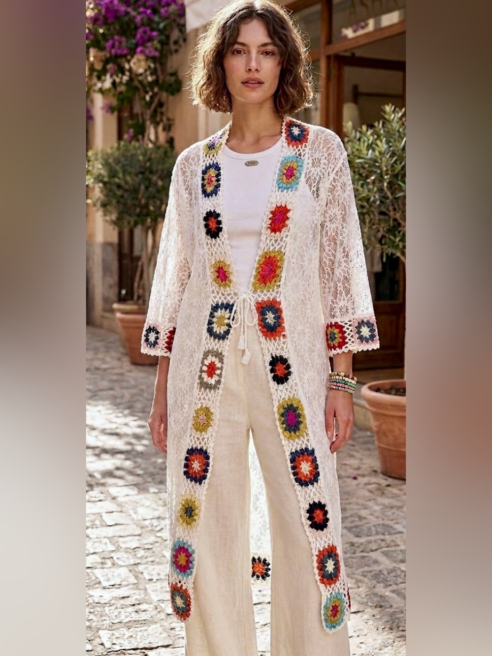 ASHA White Lace Crochet Trim Kimono with Multicolor Accents